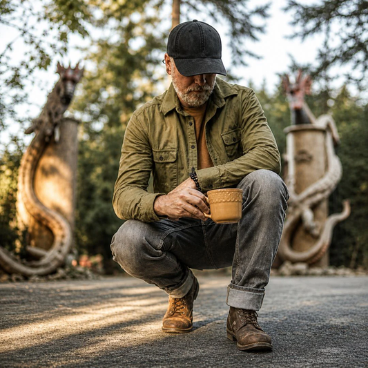 Man wearing a black cap with olive jacket and rolled jeans while crouching outdoors holding a coffee cup
