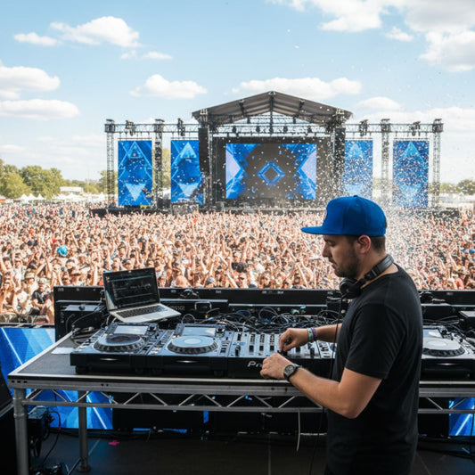 DJ on decks at festival wearing a blue cap 