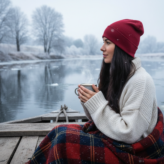 Woman in a red beanie on a barge in winter drinking coffee 