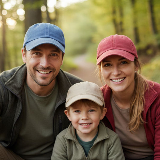 Parents in blue and red washed effect caps, with their son in forest
