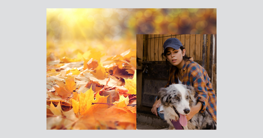 Woman in cap with dog and autumn leaves