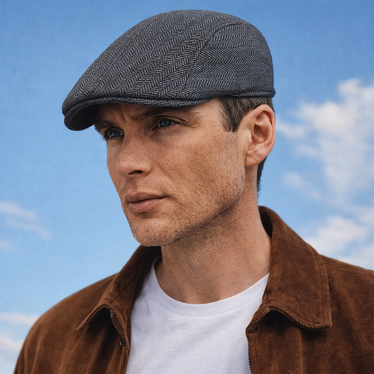 Cillian Murphy lookalike in grey flat cap