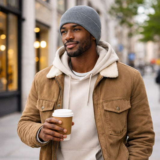 Man in grey beanie holding coffee 