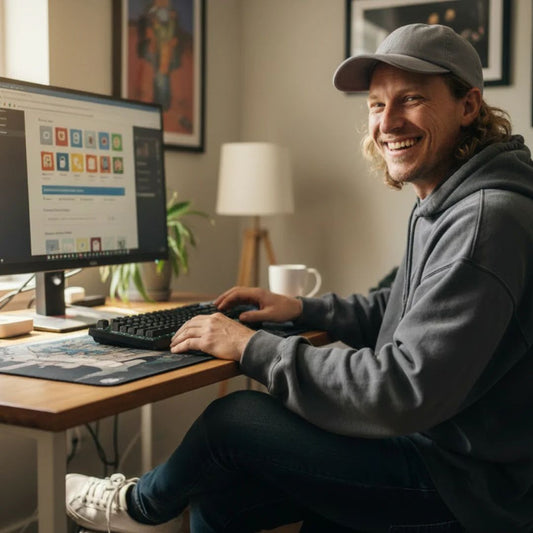 Man in grey cap on pc