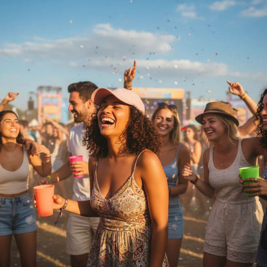 Woman in pink baseball cap at festival 