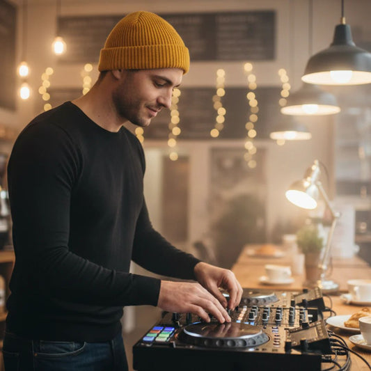 Man in yellow beanie on DJ decks 
