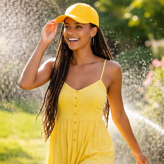 Woman in yellow baseball cap and dress