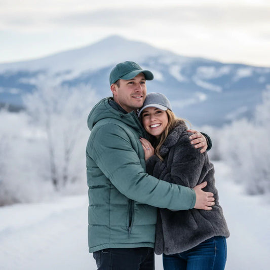 Man and woman in baseball caps hugging 