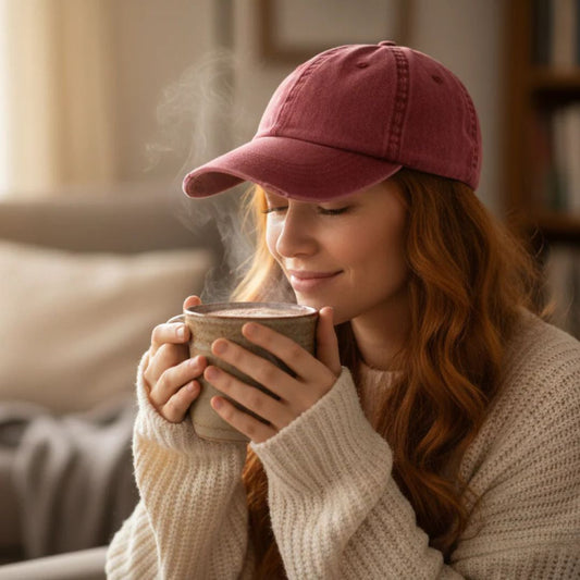 Woman in red washed effect cap with hot drink