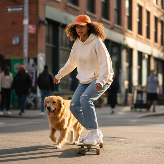 Woman in orange washed effect cap on skateboard with dog 