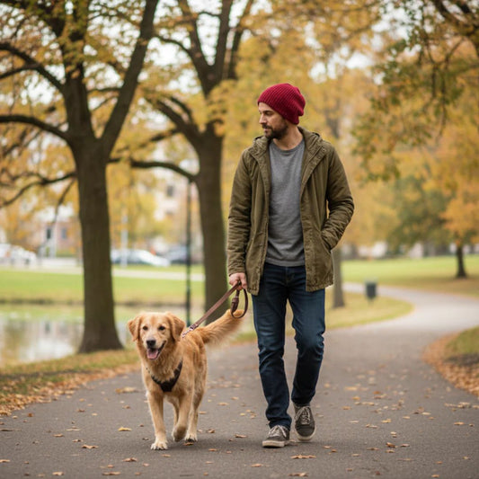 Man in red slouch beanie walking dog 