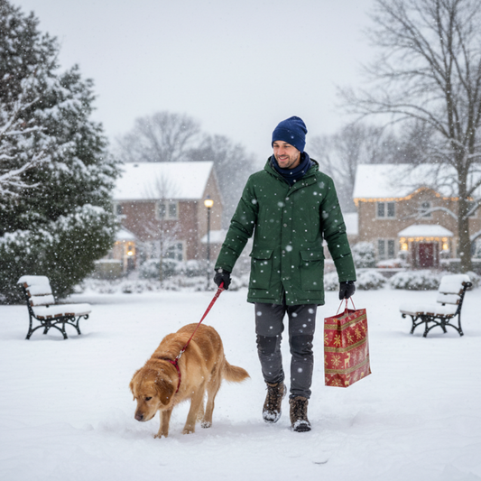 Man in navy beanie walking dog 