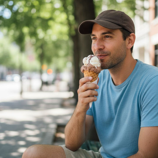 Man eating an ice cream in brown snapback cap 
