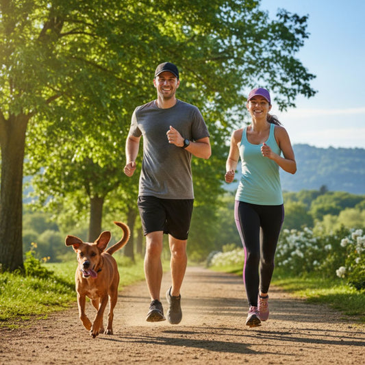 Man and woman running with dog, in black and purple caps 