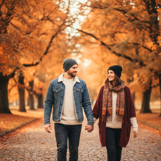 Couple in autumn park walking and wearing a grey and back slouchy beanie 