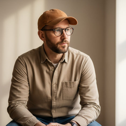Man in washed effect cap and glasses 
