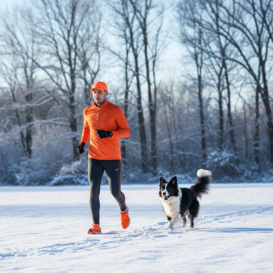Man in orange cap and trainers running in winter with sheepdog