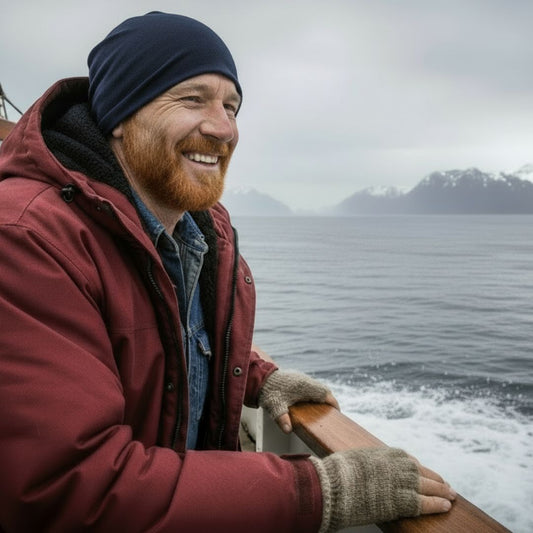 Man on boat in navy beanie hat