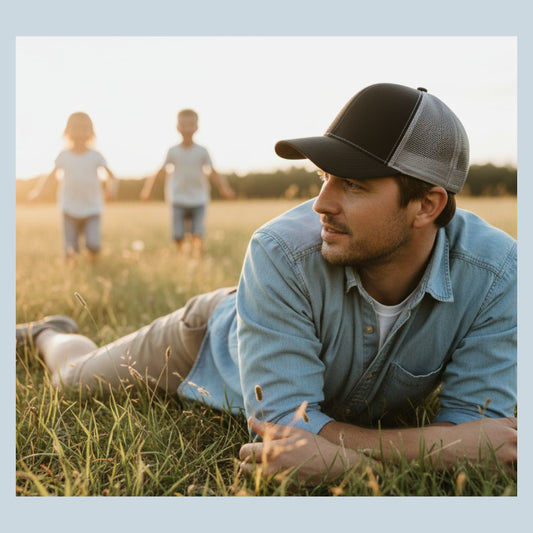 Father in black and grey trucker cap in field with two kids in distance 