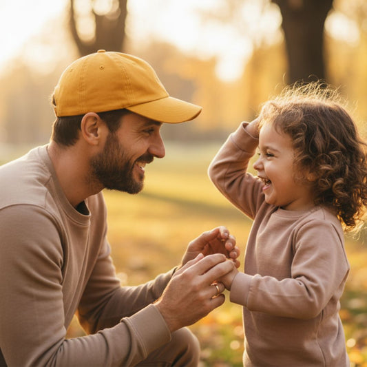 Man in yellow cap with little girl 