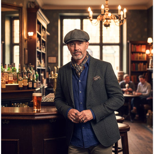 Middle aged man in pub with flat cap 