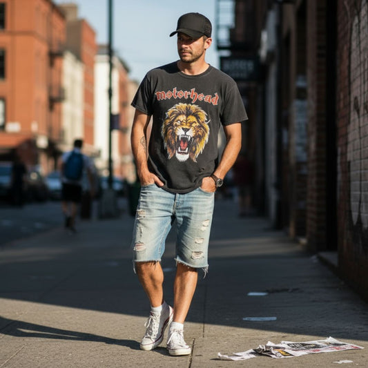 Man in dark cap and distressed shorts 