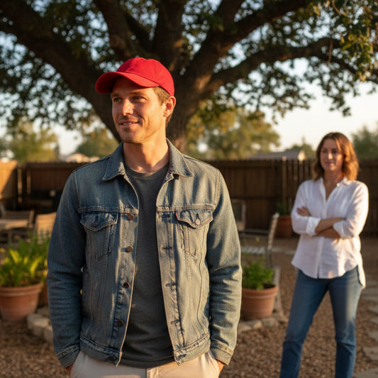 Man in red cap and woman in background 