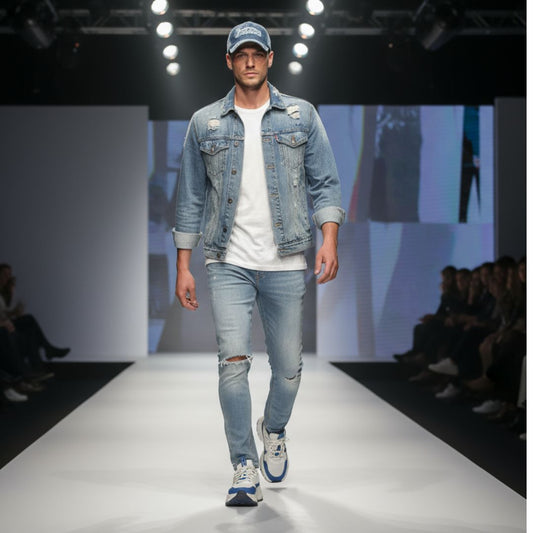 Male model in washed effect blue cap on runway 