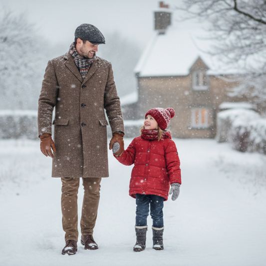 Man in flatcap walking on snowy day with this child 