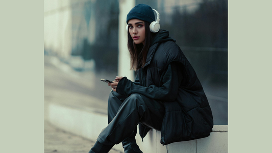 Women in headphones and dark beanie hat 