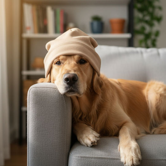 Dog in beige beanie on chair 