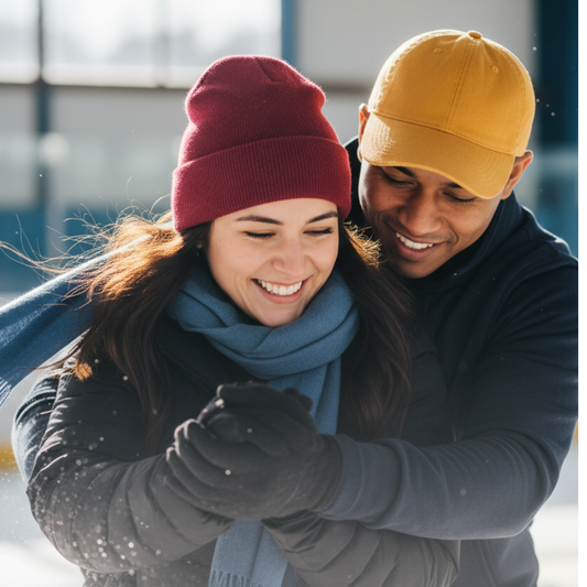 Woman in red beanie man in yellow baseball cap and winter clothes