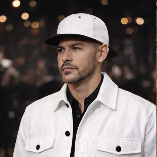 Man in white and black two tone snapback cap