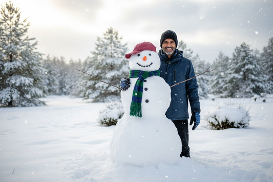 Man with black beanie with snowman in red cap